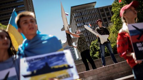 Protesters demonstrate in Cape Town on February 17, 2023, against South Africa's 10-day routine joint military exercise with Russia and China.