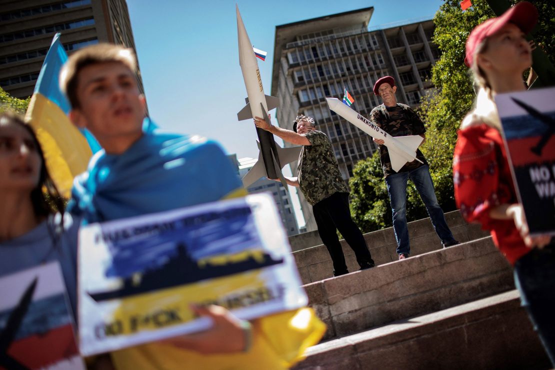 Protesters demonstrate in Cape Town on February 17, 2023, against South Africa's 10-day routine joint military exercise with Russia and China.