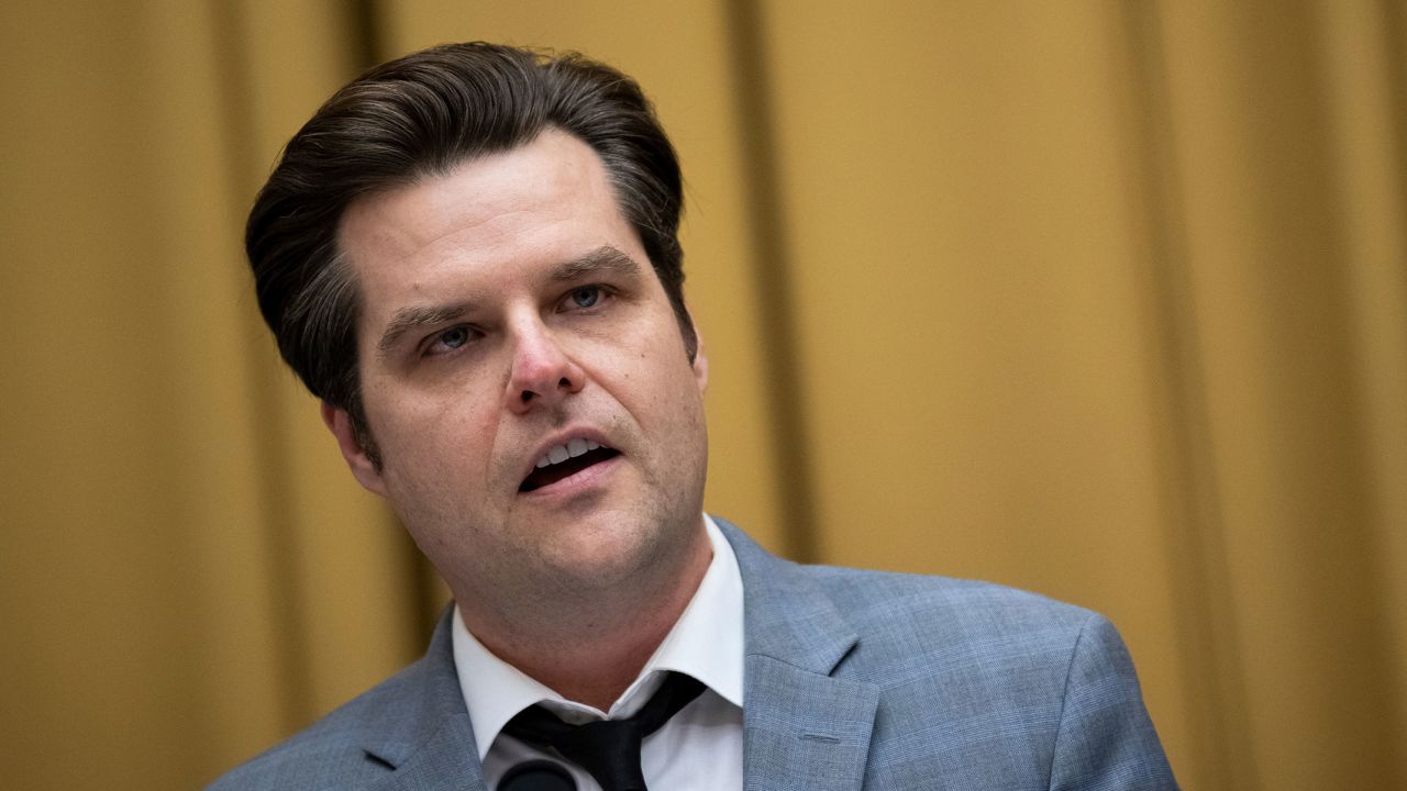 Florida Rep. Matt Gaetz questions witnesses at a House Judiciary subcommittee hearing at the US Capitol in Washington, DC, on February 9, 2023.