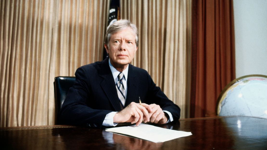 President Jimmy carter speaks on the aborted rescue effort intended to get the 53 American hostages out of Iran at the Oval Office in the White House on April 25, 1980. Carter said the mission was scrubbed after an "equipment failure" and that no military hostilities occurred.