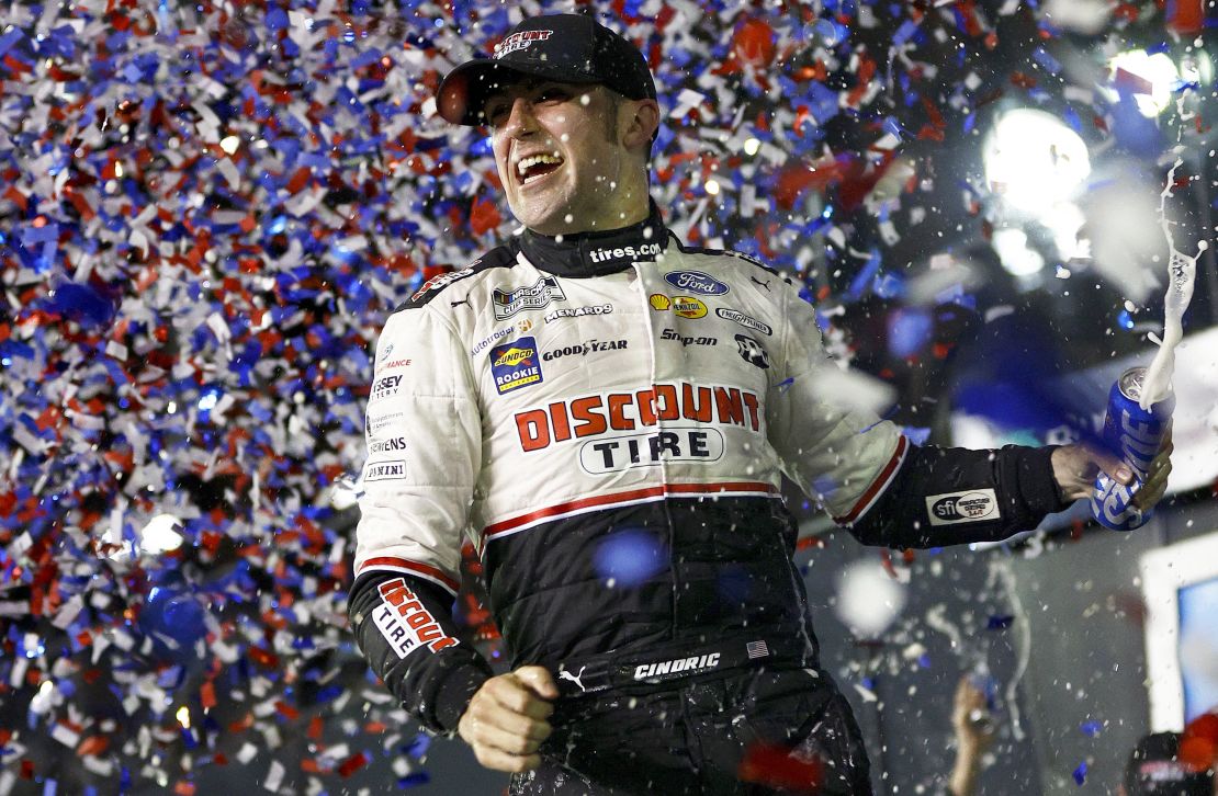 Austin Cindric celebrates after winning the 2022 Daytona 500.