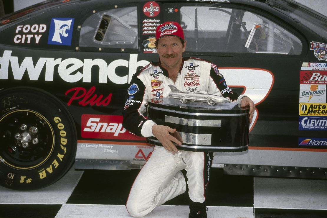 Dale Earnhardt victorious in victory lane after winning the 1998 Daytona 500.