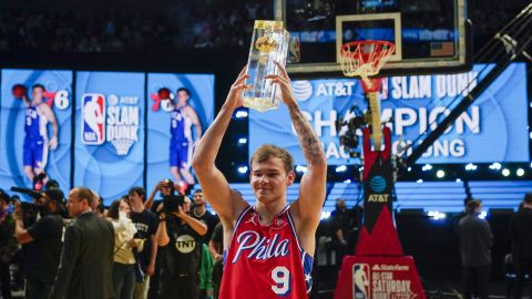 Mac McClung of the Philadelphia 76ers reacts after winning the slam dunk competition.