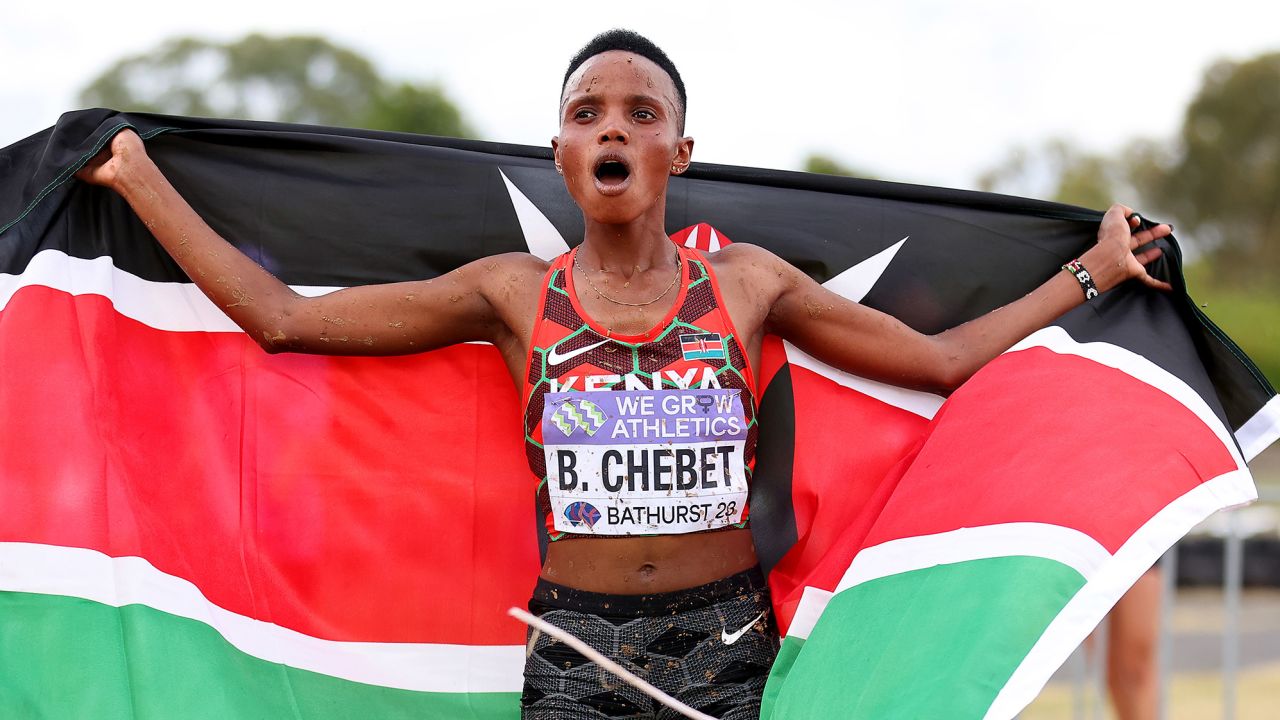 Chebet celebreates victory.