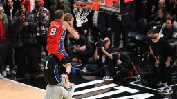 Basketball player Mac McClung, of the Philadelphia 76ers, competes during the Slam Dunk Contest of the NBA All-Star week-end in Salt Lake City, Utah, February 18, 2023. (Photo by Patrick T. Fallon / AFP) (Photo by PATRICK T. FALLON/AFP via Getty Images)