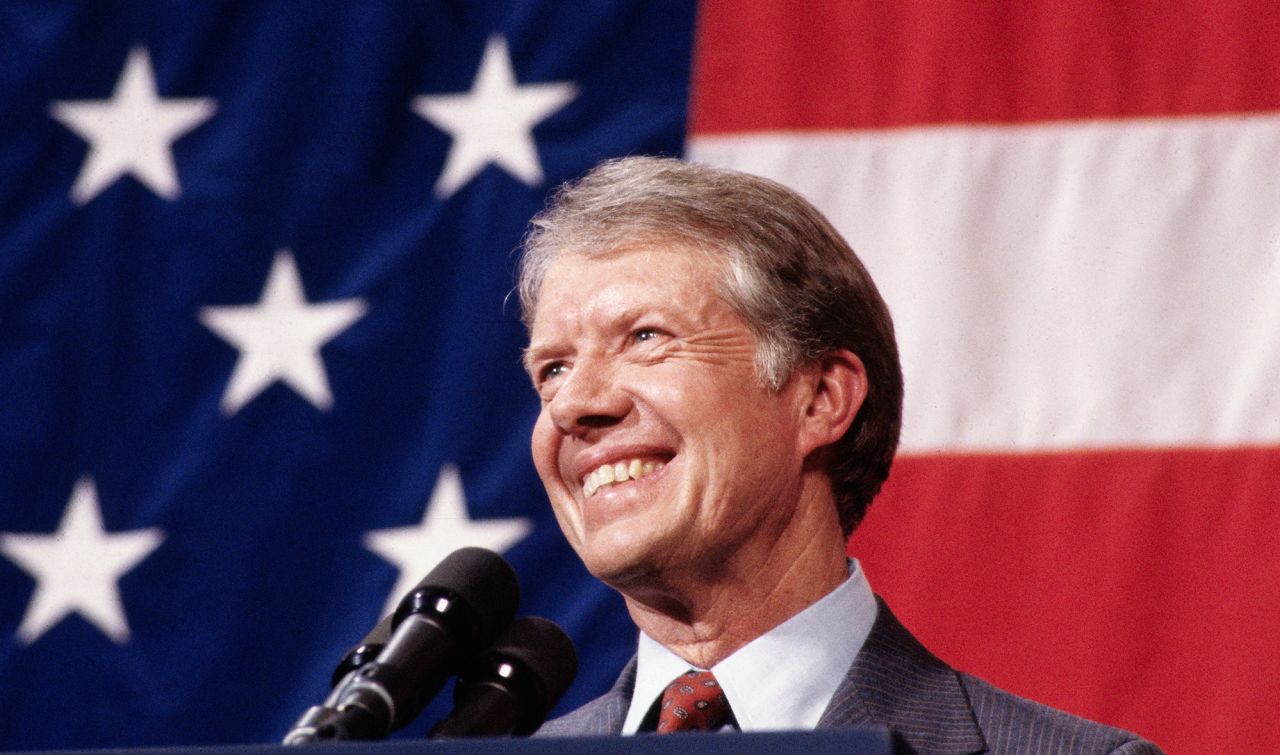 (Original Caption) 3/24/1979-Elk City, Okla.: Closeup of President Jimmy Carter, addressing a town meeting.