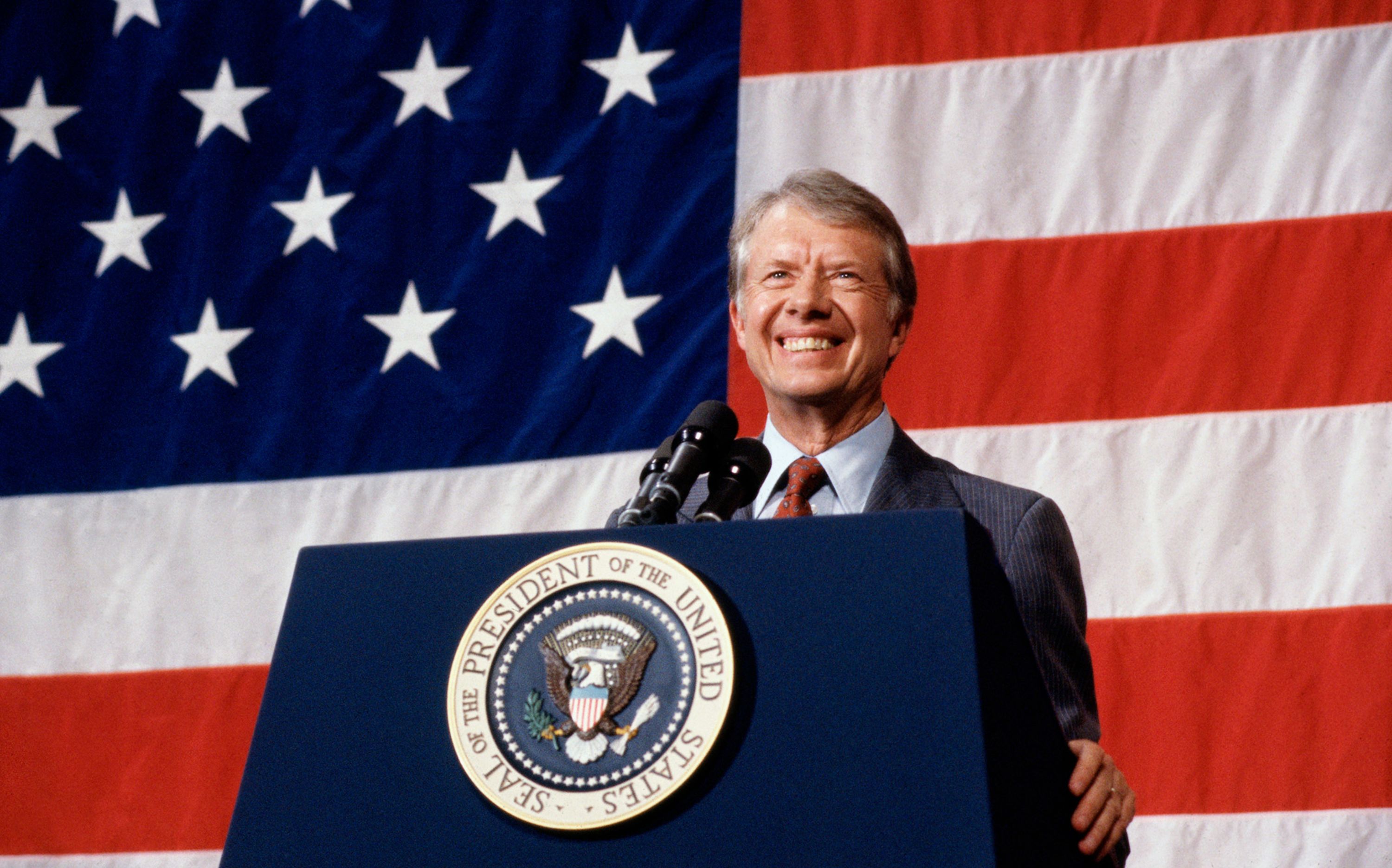 Jimmy Carter, the 39th president of the United States, speaks in Elk City, Oklahoma, in 1979.