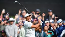 Feb 18, 2023; Pacific Palisades, California, USA; Tiger Woods hits from the tenth hole tee during the third round of The Genesis Invitational golf tournament. 