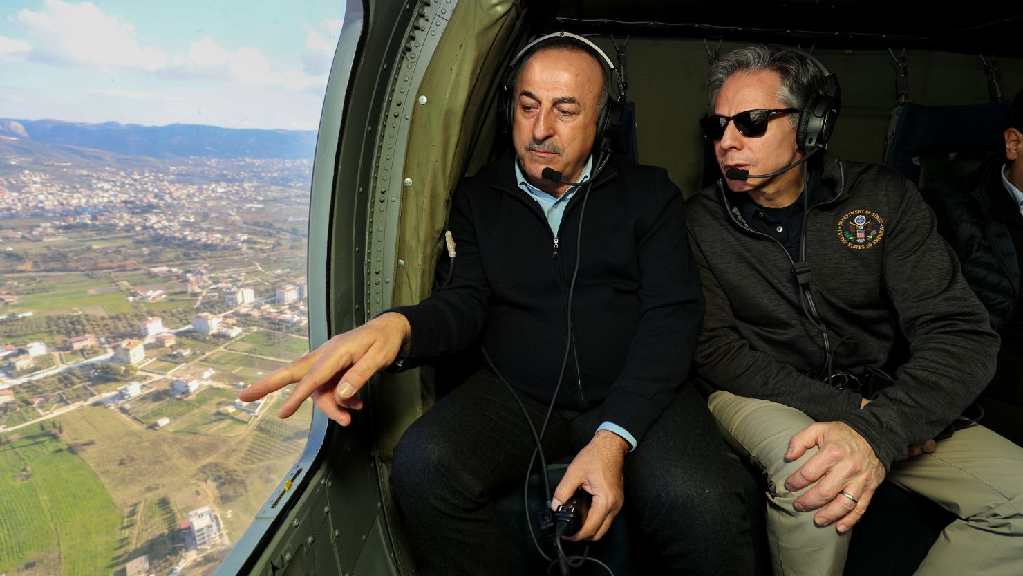 Turkish foreign minister Mevlüt Çavuşoğlu, left, and US Secretary of State Antony Blinken depart in a helicopter from Incirlik Air Base on February 19, 2023, to inspect earthquake damage.