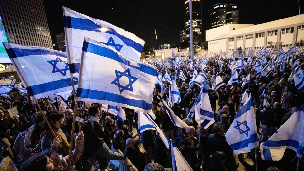 A protest unfolds Saturday in Tel Aviv against the proposed judicial overhaul by Israeli Prime Minister Benjamin Netanyahu's government.