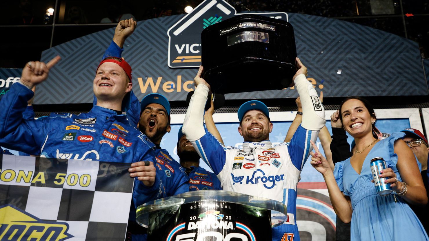 Ricky Stenhouse Jr. holds his trophy after winning the Daytona 500 in double overtime. 