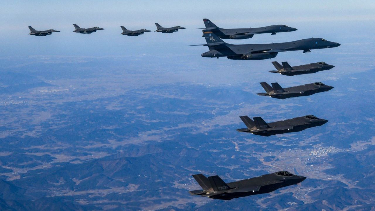 US Air Force B-1B bombers and F-35A and F-16 fighter jets from South Korea and US take part in a joint air drill on February 19, 2023.