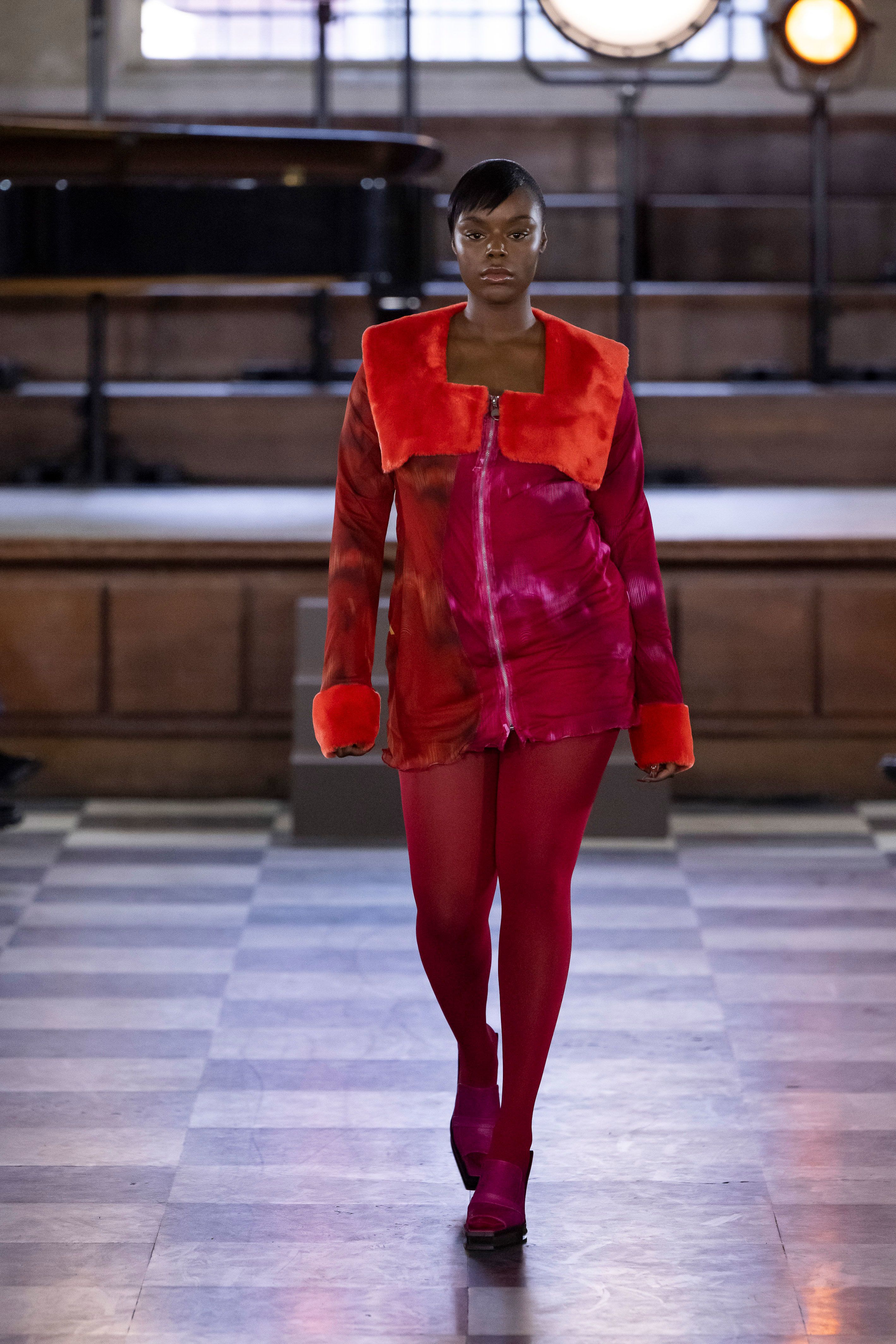 A model walks on the runway at the IA London fashion show during Fall  Winter 2022 Collections Fashion Show at London Fashion Week in London, UK  on February 20, 2022. (Photo by