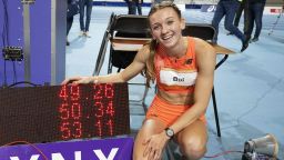 TOPSHOT - Netherlands' Femke Bol celebrates after winning the women's 400 meters race and beating a 41-year-old World Record, during the Dutch National Indoor Championships in Apeldoorn, on February 19, 2023. - - Netherlands OUT (Photo by Olaf KRAAK / ANP / AFP) / Netherlands OUT (Photo by OLAF KRAAK/ANP/AFP via Getty Images)