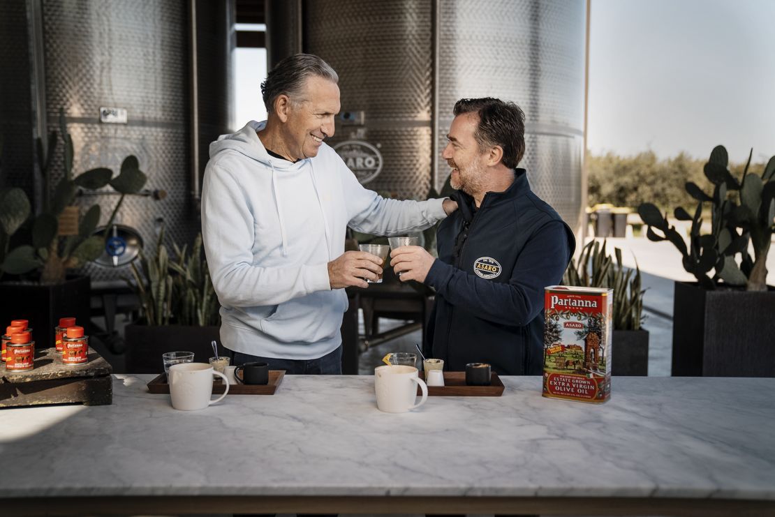Howard Schultz and Tommaso Asaro, chairman of United Olive Oil, which produces the Partanna olive oil that Starbucks is using for Oleato.