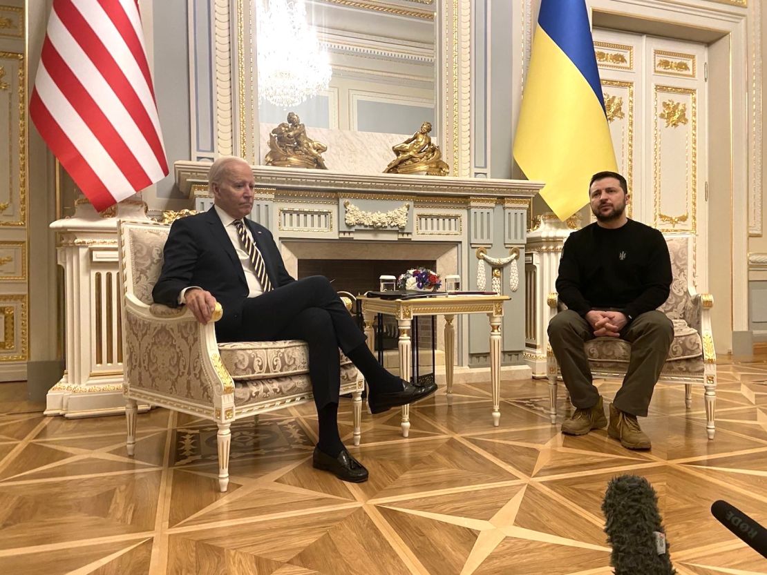  US President Joe Biden with Ukraine President Volodymyr Zelensky at the Ukrainian Presidential Palace. Credit: Pool