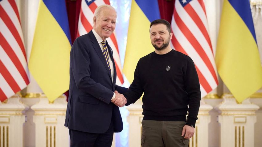 Ukraine's President Volodymyr Zelenskiy and U.S. President Joe Biden shake hands before a meeting, amid Russia's attack on Ukraine, in Kyiv, Ukraine February 20, 2023. Ukrainian Presidential Press Service/Handout via REUTERS ATTENTION EDITORS - THIS IMAGE HAS BEEN SUPPLIED BY A THIRD PARTY.