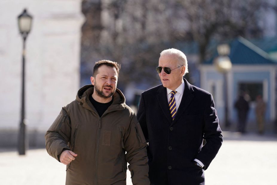 US President Joe Biden, right, walks next to Ukrainian President Volodymyr Zelensky as he arrives for a visit in Kyiv, Ukraine, on Monday, February 20.