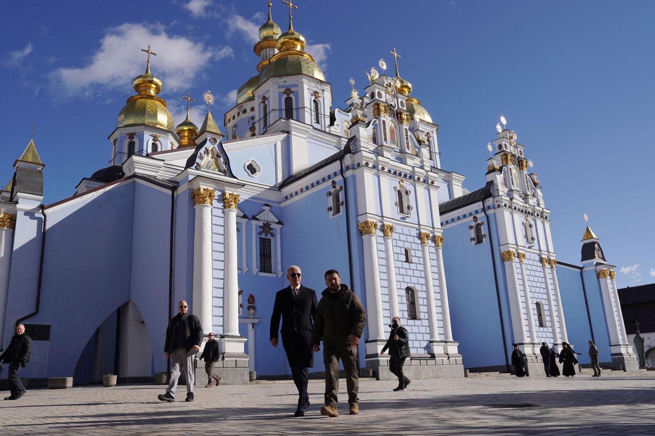 Biden and Zelensky are seen in front of St. Michaels Golden-Domed Cathedral in Kyiv.
