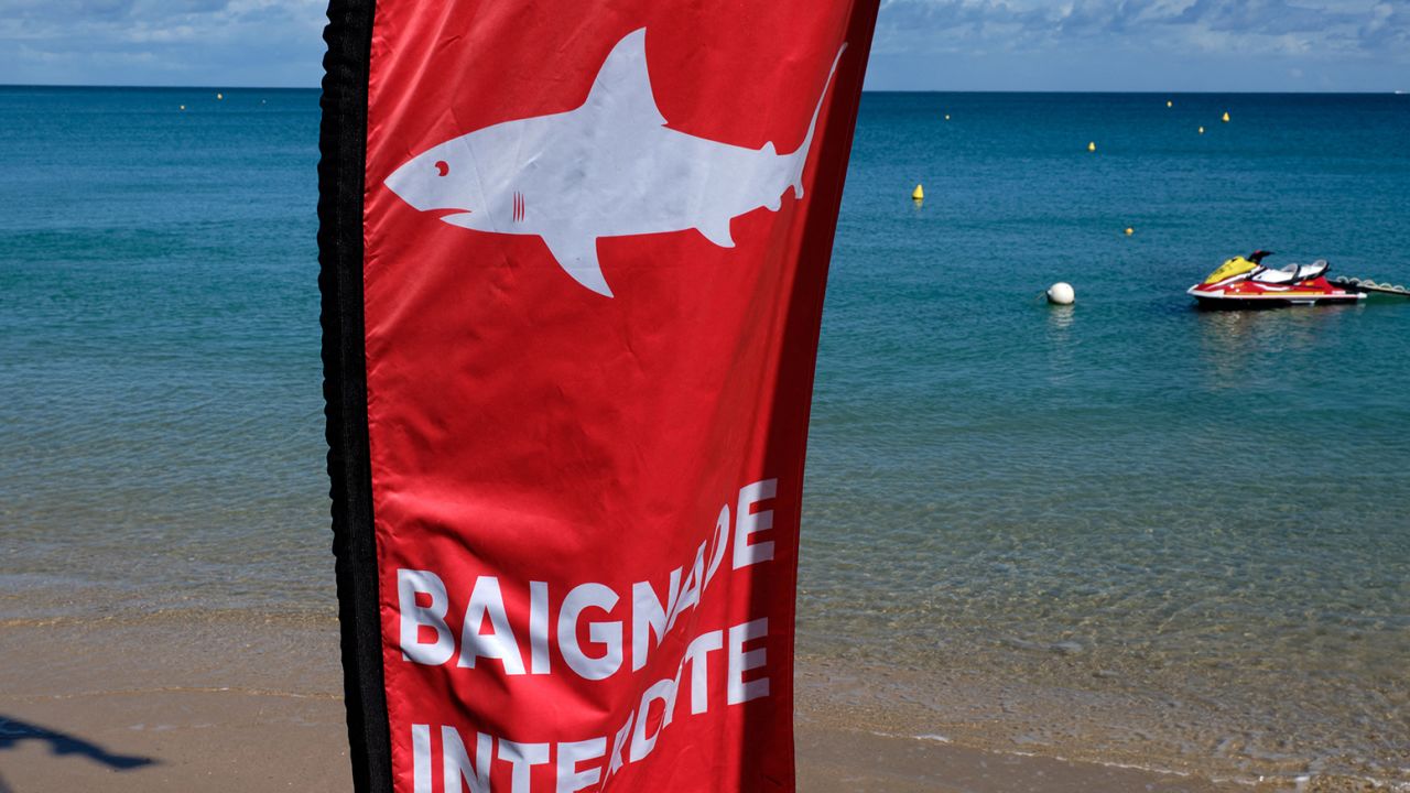 A flag reading "swimming ban" on the beach of la Baie-des-Citrons, in Nouméa, in the French Pacific territory of New Caledonia on April 29, 2021.