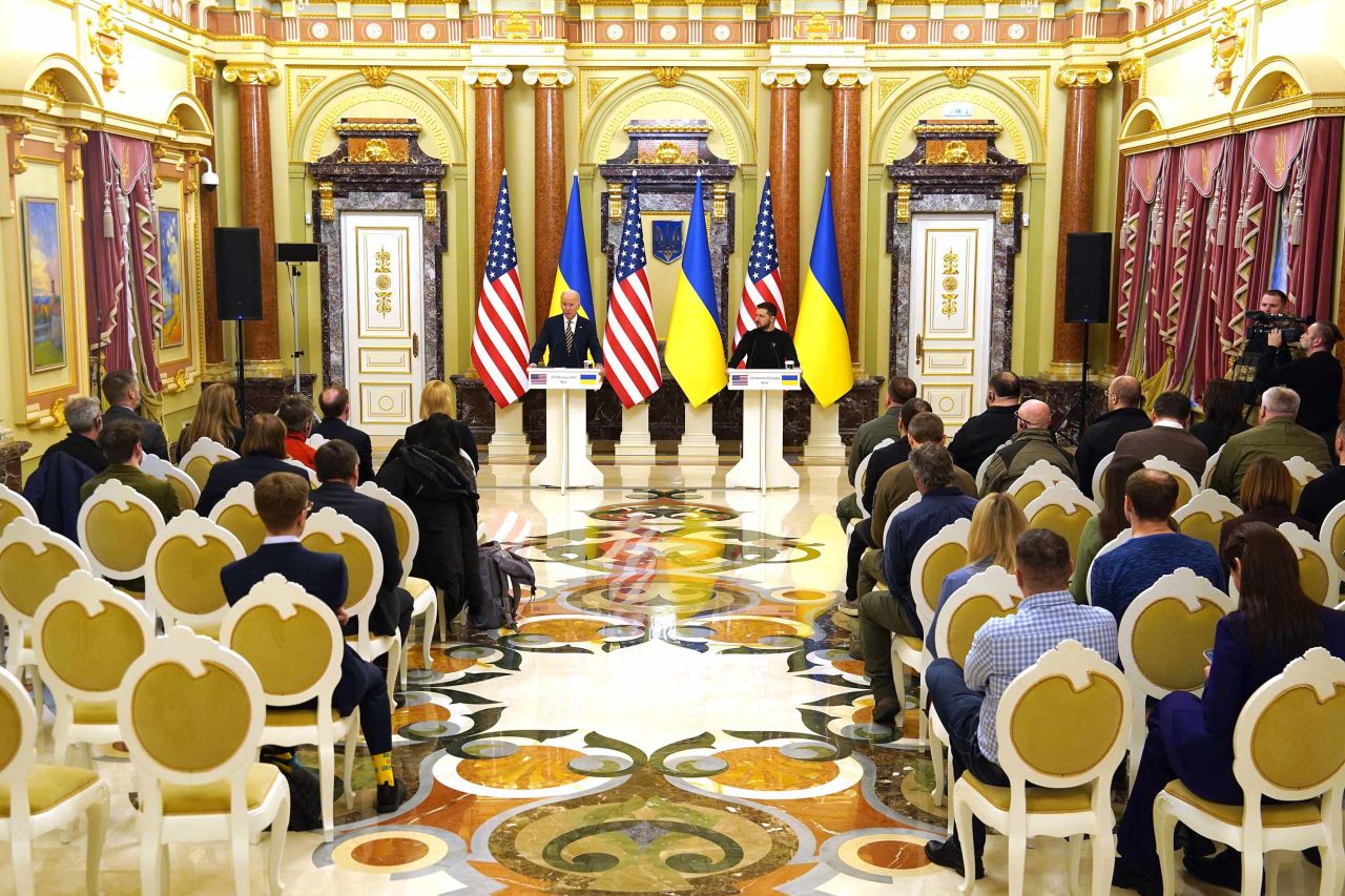 Biden and Zelensky attend a press conference in Kyiv on Monday.