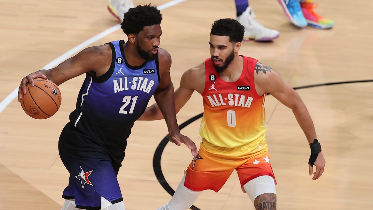 Team LeBron center Joel Embiid (21) drives by Team Giannis forward Jayson Tatum (0) during the second half of the NBA All-Star game.