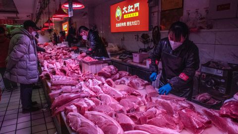 Pork for sale at a wholesale market in Beijing on January 12, 2023. 