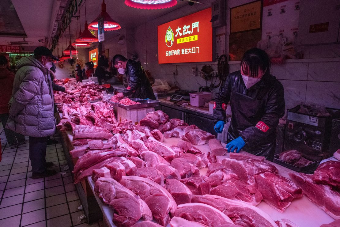 Pork for sale at a wholesale market in Beijing, China, on Thursday, Jan, 12, 2023.