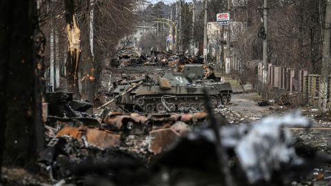 Destroyed Russian armored vehicles line a street in the city of Bucha, Ukraine, on March 4, 2022.