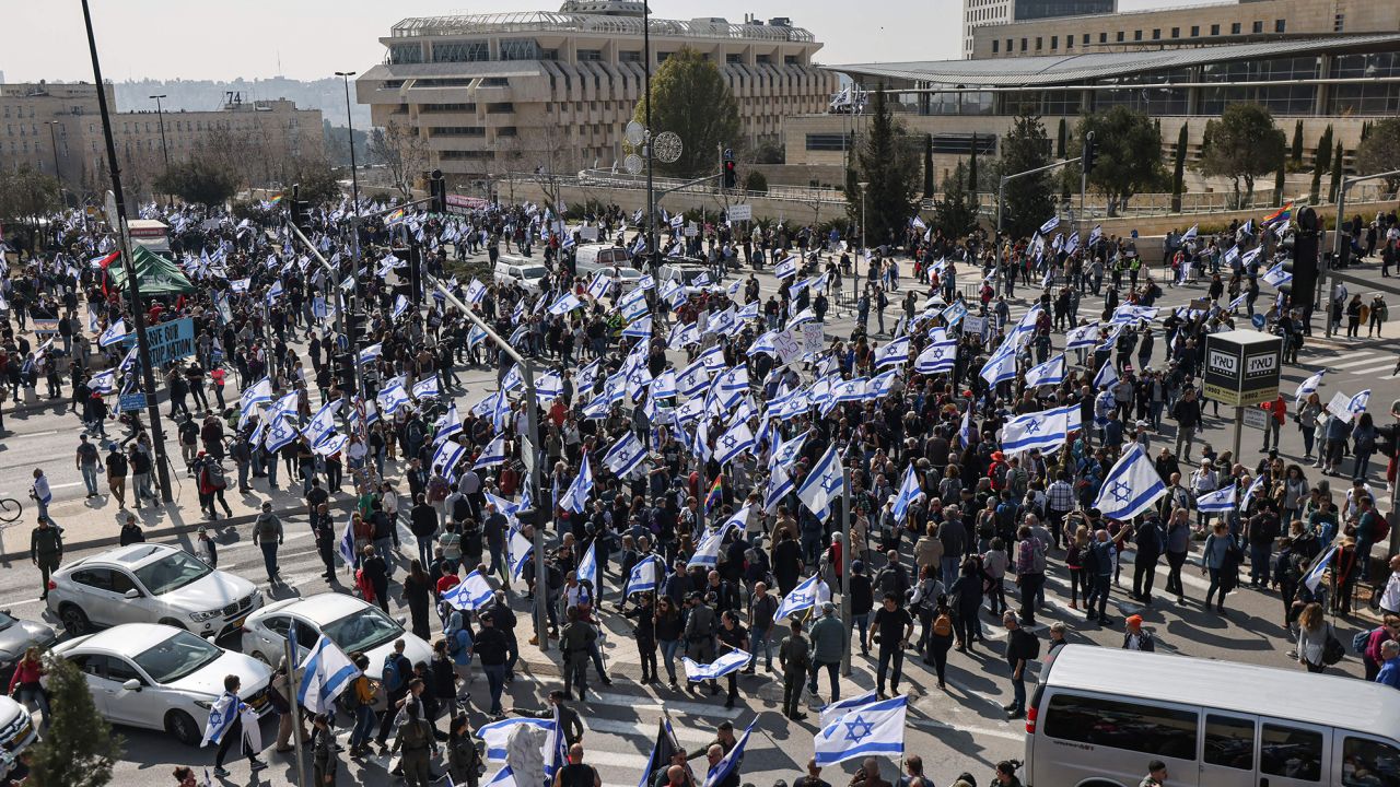 Demonstrators in Jerusalem protest against the government's proposed judicial reform bill on Monday. 