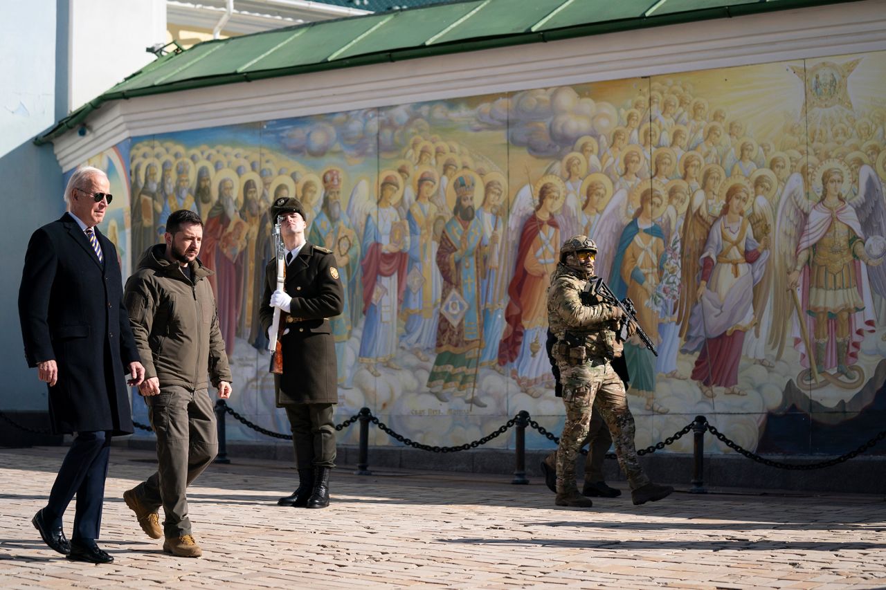 US President Joe Biden, left, walks with Ukrainian President Volodymyr Zelensky during a surprise visit to Kyiv, Ukraine, on Monday, February 20.