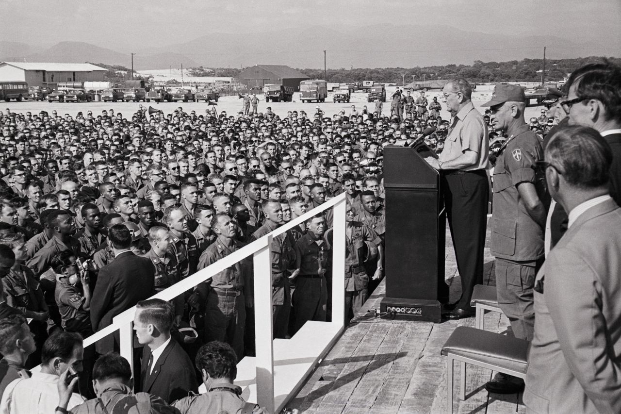 Johnson addresses American troops in South Vietnam in December 1967 and assures them that they have the support of their country.