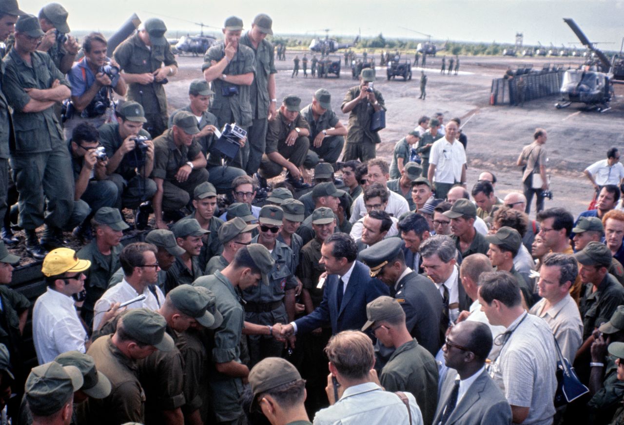 President Richard Nixon greets troops in South Vietnam in July 1969.