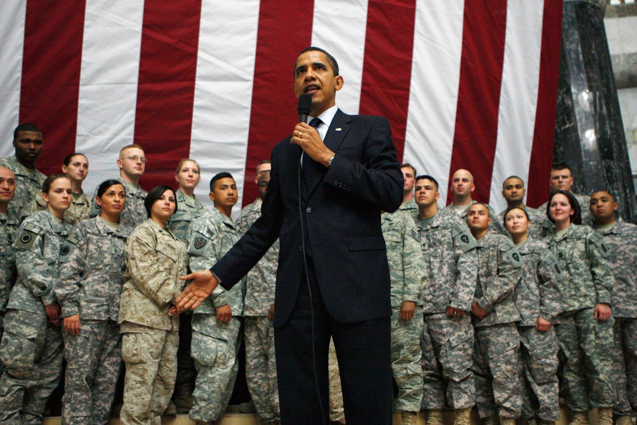 President Barack Obama speaks to military personnel while visiting Baghdad in April 2009.