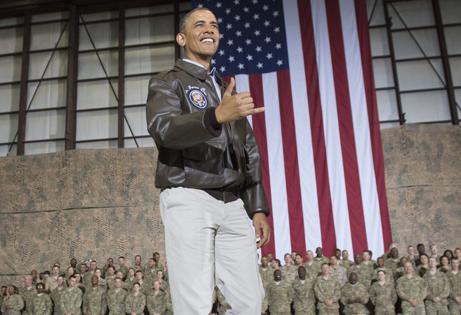 Obama greets US troops during a surprise visit to Afghanistan in May 2014.