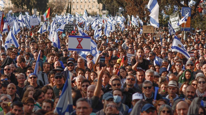 Demonstrators gather during a protest against prime minister Benjamin Netanyahus coalition government and proposed judicial reforms in Jerusalem, Israel, on Monday, Feb. 20, 2023. Protestors are seeking to derail a proposal by Netanyahu and allies to make it easier for the state to appoint judges and limit the Supreme Courts authority to strike down legislation. Photographer: Kobi Wolf/Bloomberg via Getty Images