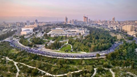 Protesters congregated on the road around the Israeli Knesset, near the Supreme Court on Monday in Jerusalem, as Netanyahu's government introduces a judicial overhaul bill. 