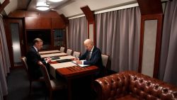 US President Joe Biden sits on a train with National Security Advisor Jake Sullivan as he goes over his speech marking the one-year anniversary of the war in Ukraine after a surprise visit with Ukrainian President Volodymyr Zelenskyy, in Kyiv on February 20, 2023. (Photo by Evan Vucci / POOL / AFP) (Photo by EVAN VUCCI/POOL/AFP via Getty Images)