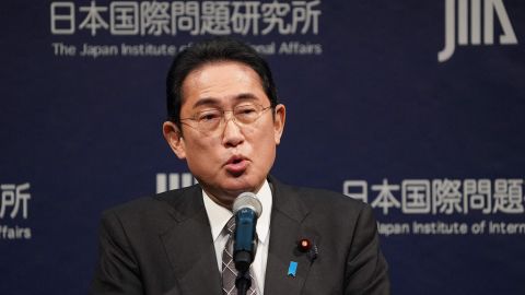 Japan's Prime Minister Fumio Kishida delivers a speech during the opening of the 4th Tokyo Global Dialogue in Tokyo on February 20, 2023. 