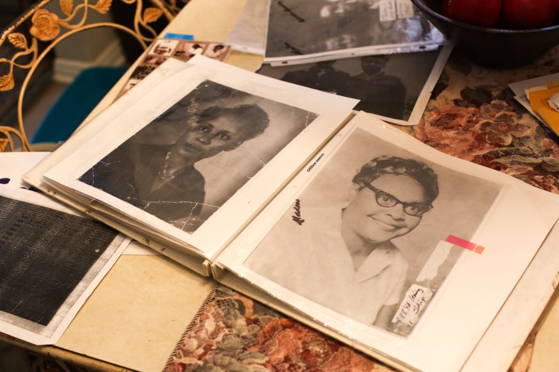 Photos of Willie Belle Irvin-Partridge are displayed on a table on February 5, 2023 at the home of her daughter in suburban Atlanta.