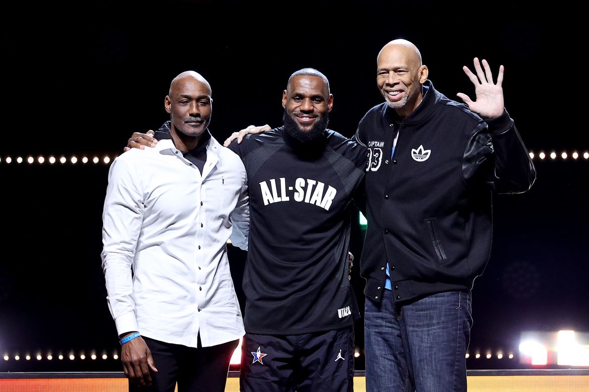 The halftime show also honored current and former NBA legends Karl Malone (left), LeBron James (center), and Kareem Abdul-Jabbar (right). It was a "dream" to perform on the NBA's biggest stage, Burna Boy said after the show.