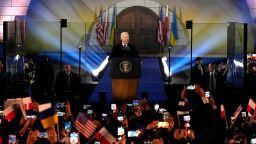 US President Joe Biden holds a speech at the Royal Castle after meeting with Polish President Andrzej Duda in Warsaw, Ukraine, Tuesday, Feb. 21, 2023.