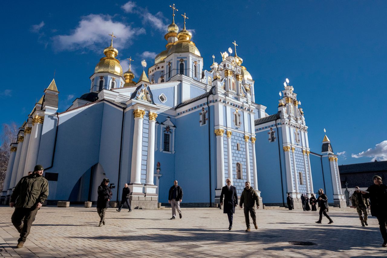 Biden and Zelensky are seen in front of St. Michael's Golden-Domed Monastery in Kyiv.