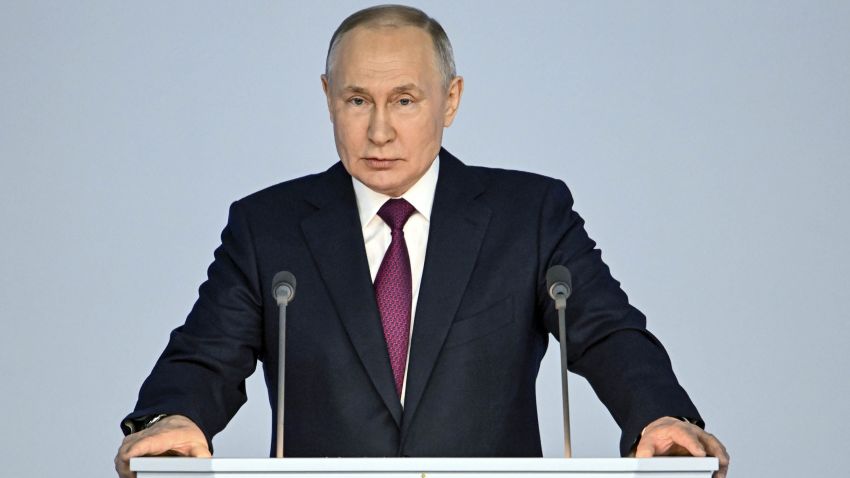 Russian President Vladimir Putin gives his annual state of the nation address in Moscow, Russia, Tuesday, Feb. 21, 2023. (Pavel Bednyakov, Sputnik, Kremlin Pool Photo via AP)
