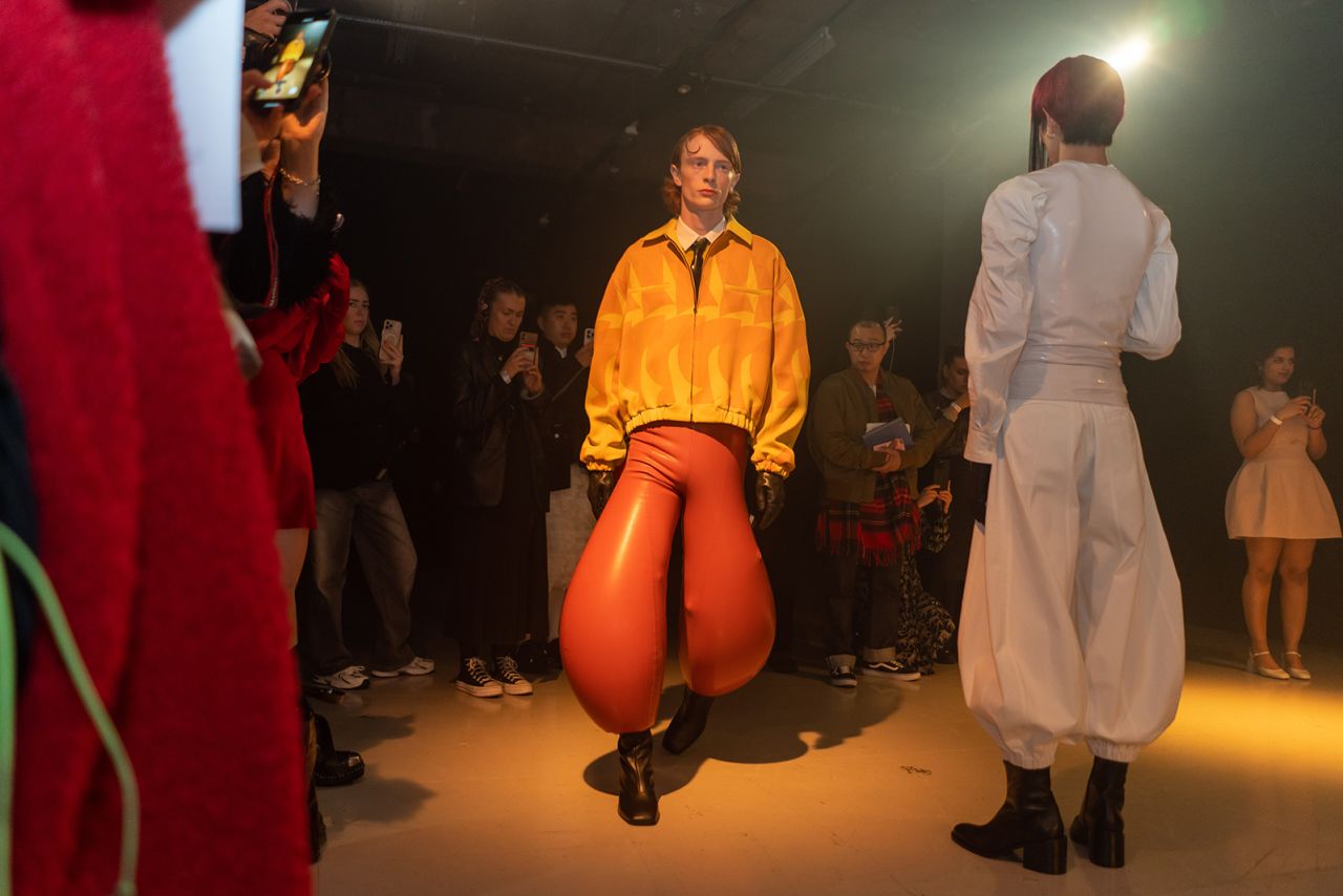 Emerging brand Harri put models in inflatable trousers, just days after musician Sam Smith stepped out in an inflatable bodysuit by the label for the BAFTAs redcarpet.