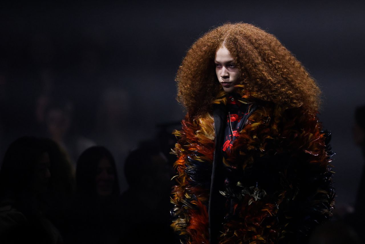 Daniel Lee's first Burberry collection was a layered offering, filled with many textures including this feathered look.