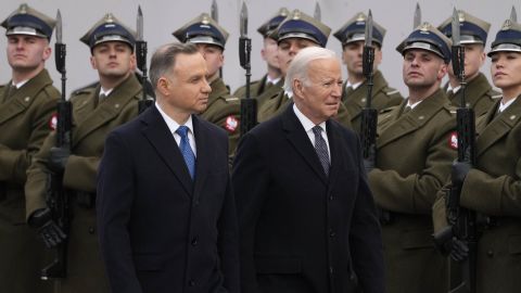 Polish President Andrzej Duda, left, welcomes President Joe Biden at the Presidential Palace in Warsaw, Ukraine, Tuesday, Feb. 21, 2023. 