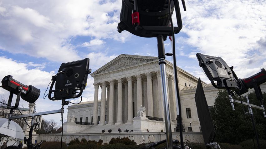 Television lights are set up outside the U.S. Supreme Court on February 21, 2023 in Washington, DC. Oral arguments are taking place today in Gonzalez v. Google, a landmark case about whether technology companies should be liable for harmful content their algorithms promote.