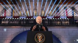 US President Joe Biden delivers a speech at the Royal Warsaw Castle Gardens in Warsaw on February 21, 2023.