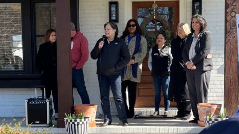 Jennifer McClellan speaks to a crowd on Tuesday, February 21.
